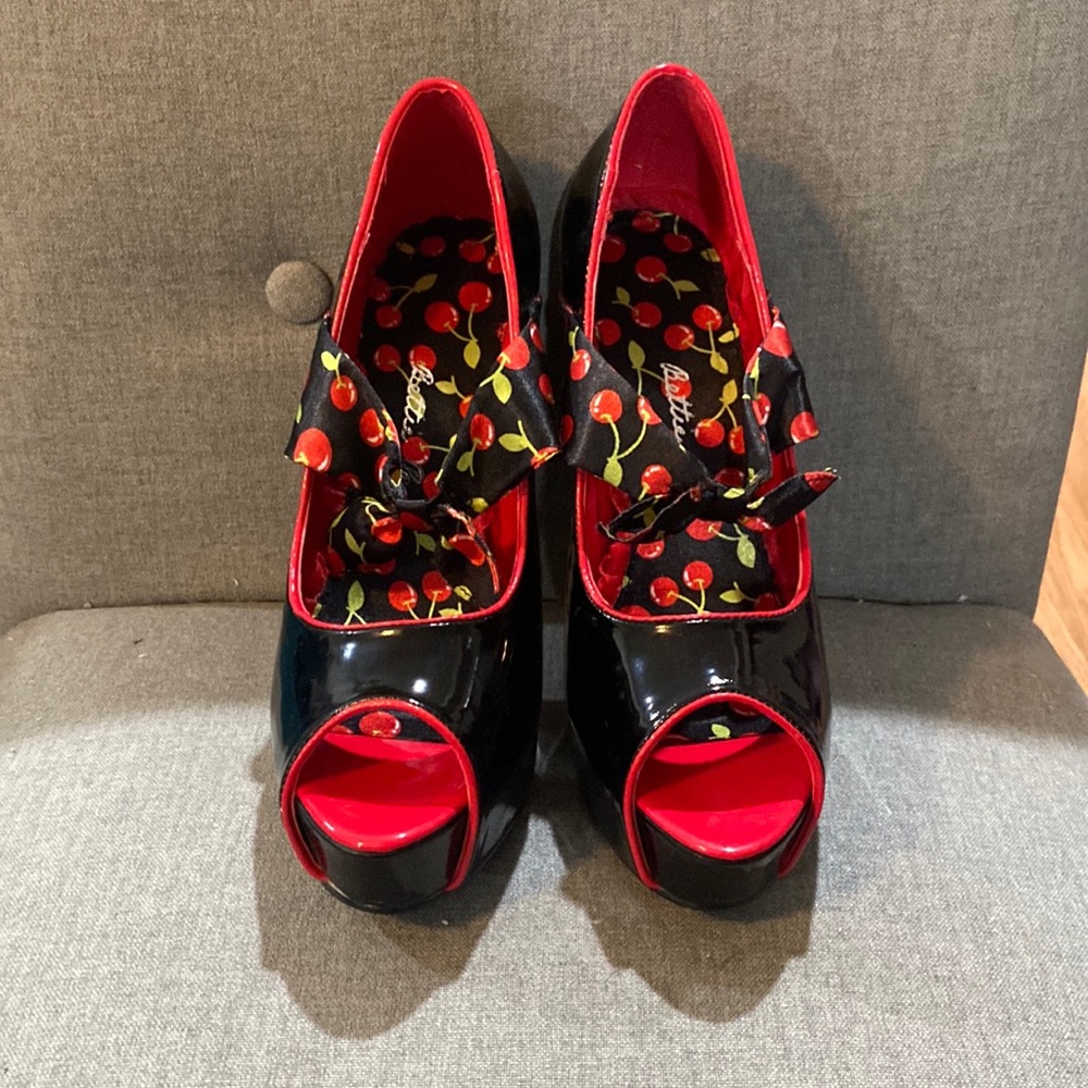 Bettie Page cherry platform pumps